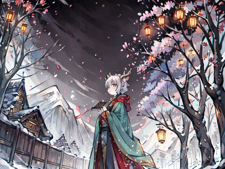 ink style，a white deer，antlers，plum tree，Plum petals，plum blossom branch，Stand by the tree，green-shirt，long cloak，Flowing cloak，Cute Shota，Flute in hand，green eyes，Moderate，Orange trees，The trees are full of oranges，There is a book next to you，mountains，wh...