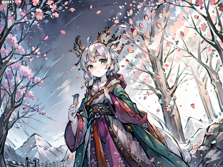 ink style，a white deer，antlers，plum tree，Plum petals，plum blossom branch，Stand by the tree，green-shirt，long cloak，Flowing cloak，Cute Shota，Flute in hand，green eyes，Moderate，Orange trees，The trees are full of oranges，There is a book next to you，mountains，wh...