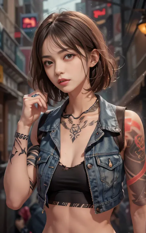 ((Medium chest, Tomboy, small head)),  (chiseled abs : 1.1), (perfect body : 1.1), (short wavy hair : 1.2) , auburn hair, collar, rock, full body shot, crowded street, wearing a black enamel bra, cleavage, jean jacket, (torn clothes:1.3)((shorts)), (8K wal...