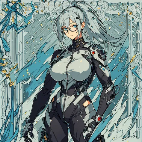 Ultra-detailed，high resolution，Ultra-detailed，Best quality，amazing，quality，intricate details，Extremely detailed CG unified 8k wallpaper，tarot cards，cyberpunk characters，cyborg，(huge breast)，silver hair，Black Jumpsuit，blue eyes，red framed glasses,((((1 fema...