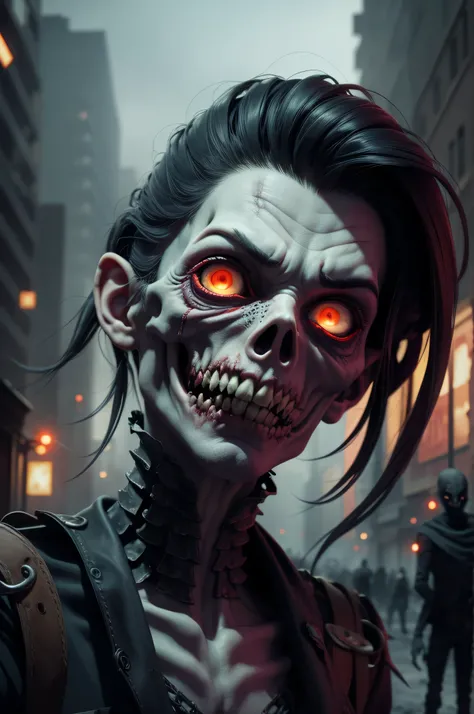 In a post-apocalyptic setting, twilight light bathes a desolate city as zombies emerge from the shadows. Their pale skin reflects the dim light, contrasting with the decadent surroundings. A zombie, notable for its cadaverous expression and empty eyes, slo...