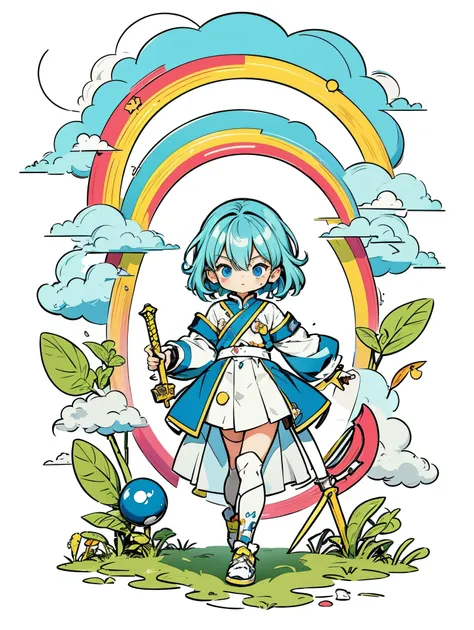 ((sticker))，sticker，1 girl, with sword, white background,simple background,concept art,under art，anime style，dreamland wonderlan...