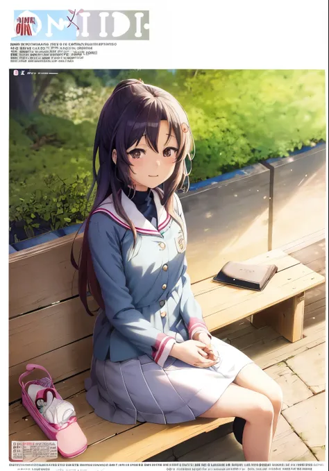 anime magazine cover with a woman sitting on a bench, koto no ha no niwa, arte koto no ha no niwa, iwakura lain, visual novel cg, anime visual of a cute girl, in style of kyoto animation, nagatoro, hanayamata, anime moe artstyle, けもの, light novel cover art