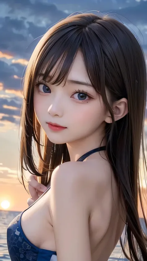 (超realisticな)、(High resolution)、(8K)、 (very detailed)、(Ultra clear skin pores)、(highest quality、masterpiece:1.3)、beautiful girl in a blue swimsuit、1 female、Full body Esbian、ultra holder expansion、green eyes、、small ass、night、starry sky、meteor、Stroll along t...