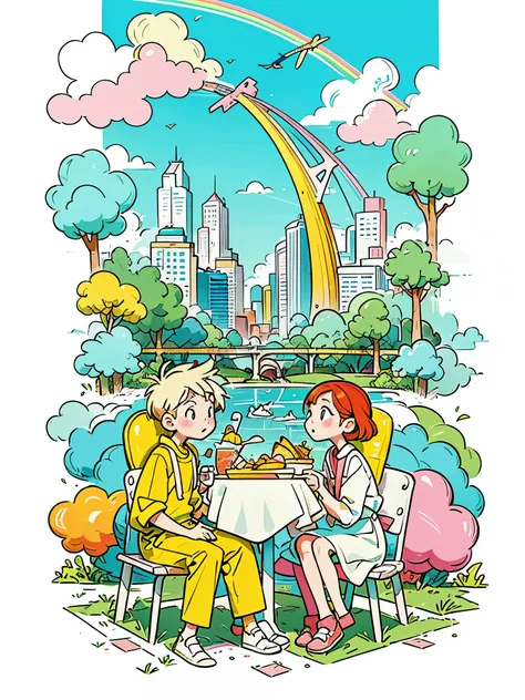 vector illustration of young, fashionable men and women picnicking in the park, with flowing lines and warm colors set against a...