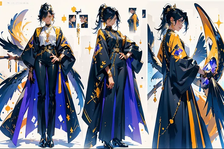 Character OC design, the same person multi-angle painting, multi-angle painting, the theme color is violet, the best picture quality, boy, tall and thin, long legs, handsome, white skin, clothes in white and black colors, gold embroidery on trousers, cryst...