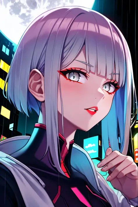 Lucy (cyberpunk), 1 girl,  scrunchy, hime cut, silver hair, Color tips, full moon, Grey eyes, jacket, long sleeves, Looking at the viewer, medium hair, multicolored hair, Parted bangs, parted lips, pink hair, portrait, Red eyeliner, Red lips, One, white ja...