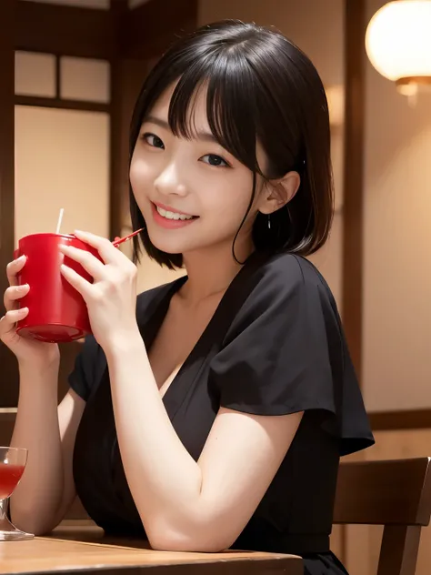 masterpiece、Japanese gravure idol、Red lantern、Yakitori restaurant、She sits across from the table、A woman with short black hair is drinking a cocktail across the table.、20-year-old、smaller hands、big breasts、beautiful feet、I can see the cleavage、There is a g...