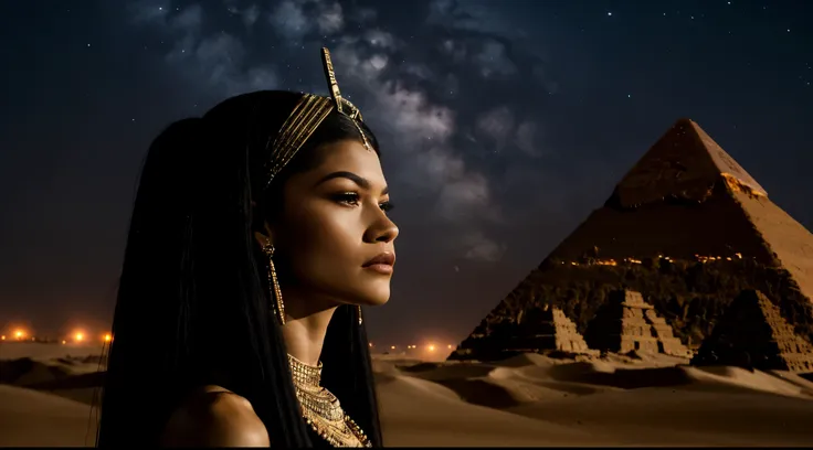 zendaya portrayed as cleopatra, scared, meeting the god anubis egyptian pyramids background, night light phophotorealistic portr...