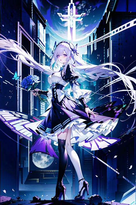 silver hair，Butterfly，long white hair，8k wallpaper，Detailed background，Highest resolution，Deep V big breasts，hair covering one eye，Bando，Church background，purple roses，tight，moon，High heel