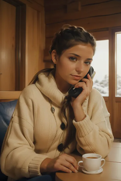 Huelva, Spain, 2002. ((((20-year-old)) Inés)), piercing light eyes, talking on a phone in a winter lodge location. ((((casual winter clothings from the 2000s)))), ((hairstyle of the 2000s))