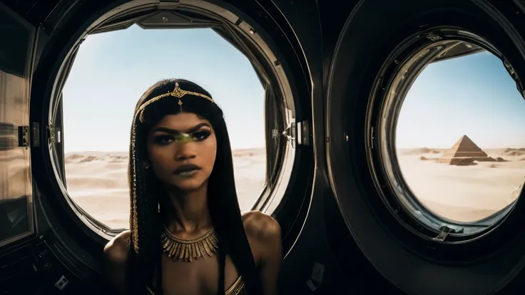 zendaya portrayed as Cleopatra, inside a spaceship, inside a spaceship, looking at ancient Egypt through the window,daylight phophotorealistic portrait, dramatic, cinematic, 4k resoltion, hyperdetailed, dramatic scene, full body angle,