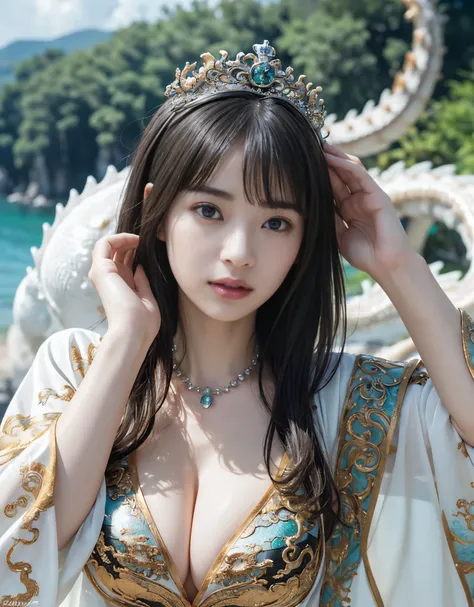 (extremely heavy breasts)、highest quality、masterpiece、ultra high resolution、（white dragon armor）、(((Metal製))),(((big breasts)))、(((Detailed revealing white micro bikini))),(she wears a beautiful crown made of precious stones.),(Photoreal:1.4)、RAW photo、1 g...