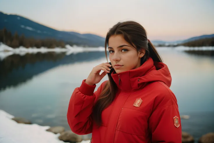 Huelva, Spain, 2002. ((((20-year-old)) Inés)), piercing light eyes, talking on a phone in a winter lodge location. ((((casual winter clothings from the 2000s)))), ((hairstyle of the 2000s))