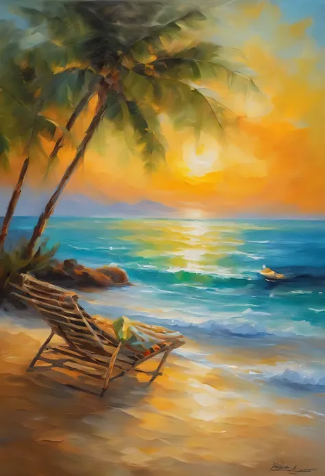 (melhor qualidade, 8k, high resolution, obra de arte: 1.2), Detailed oil painting, imagem alegre, mar cristalino, praia bonita, areia amarela, Epic painting, cheio de cores ricas e detalhes, beautiful vegetation, blue sky, calm water, luz solar brilhante, ...