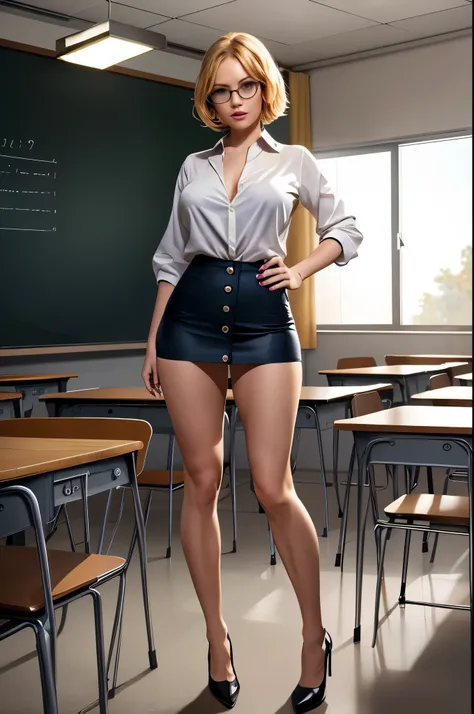 ((best quality)), ((masterpiece)), ((ultra realistic)), (dynamic heroic pose), american blonde, beautiful detailed face, detailed eyes, sexy teacher, dressed in a white silk blouse with long sleeves, grey miniskirt, pencil miniskirt, classroom backdrop, hi...