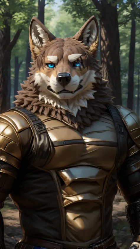 (best quality, 32K HDR:1.2), ultra-detailed, realistic, photorealistic, Transformar, character, Ogami Aratsuka, ultimate, looking at the viewer, blue eyes, realistic golden armor, forest, PlayStation 5 graphics, 32K HDR