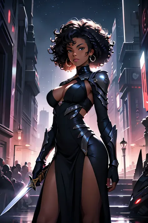 african american lady, curly hair, amor dress, holding a sword, sharp focus, futuristic style, lighting, night scene