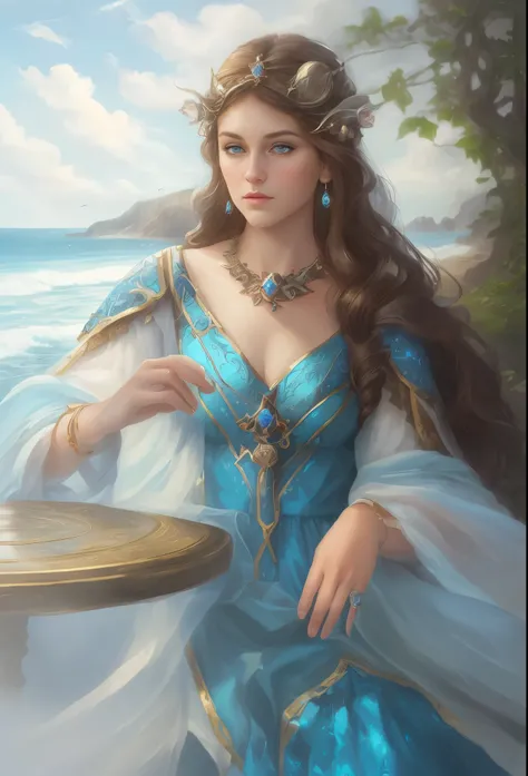 High resolution, brunette girl, 15 years old,    Arafed woman with blue eyes, blue dress and table, fair empress fantasy, ((fair empress fantasy)), portrait of a beautiful goddess, a stunning portrait of a goddess, beautiful and elegant elf queen, beautifu...