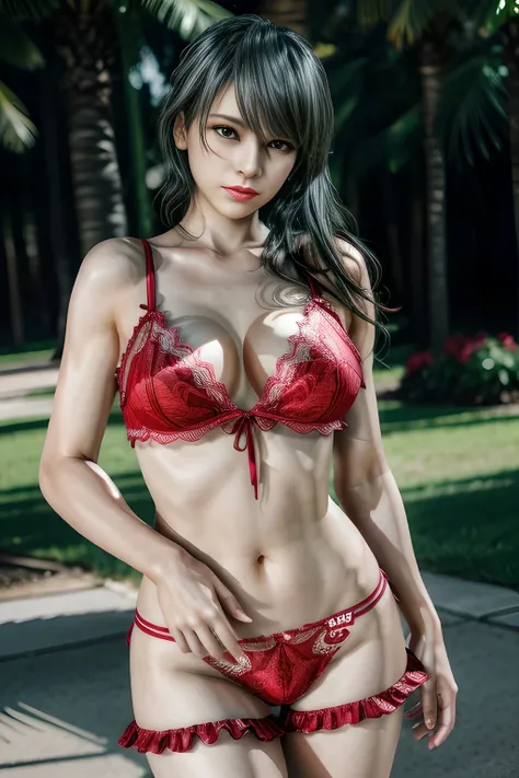 1 girl,vampire princess,Red Lingeri, (lace:1.3),stockings,outdoor, (standing posture),jewelry,Lips slightly open, lustful smile, red lips,(Lactation:1.2),(huge breasts),shiny skin,((8k, original photo, top quality, masterpiece), HD RAW color photos profess...