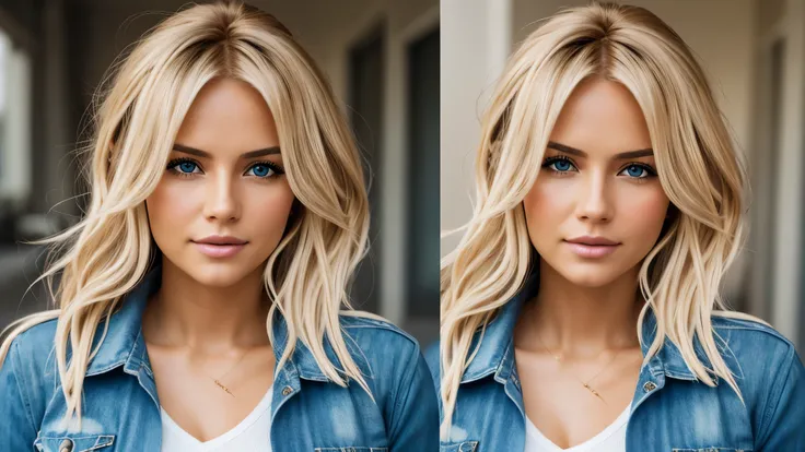 Photorealistic of a insanely beautiful woman with blonde windy messy hair, in the style of panasonic lumix s pro 50mm f/1.4, light beige and dark azure, celebrity images mashups, soft realism, barbiecore, unreal engine 5, 32k uhd, luminous quality, swiss r...