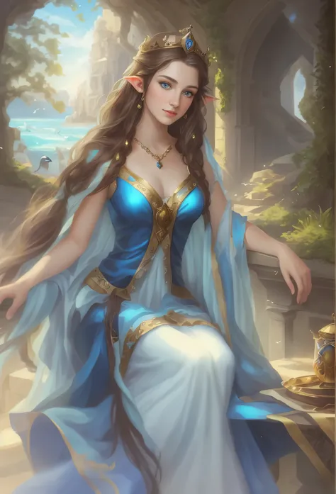 High resolution, brunette girl, 15 years old,    Arafed woman with blue eyes, blue dress and table, fair empress fantasy, ((fair empress fantasy)), portrait of a beautiful goddess, a stunning portrait of a goddess, beautiful and elegant elf queen, beautifu...