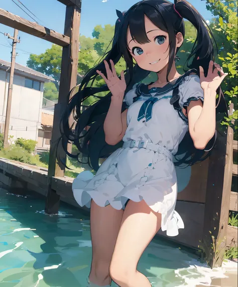 (masterpiece、highest quality、highest quality、official art、beautiful beautiful:1.2)、(1 girl:1.3)Hatsune Miku、beautiful breasts、twin tails、adorable smile、very detailed、16 year old girl,Waving loudly with a remote island in the background,Summery white dress
