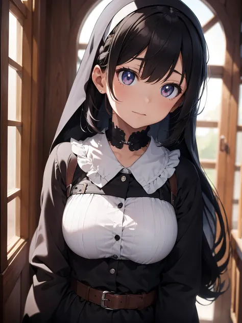 striped hair, french braid, Mismatched pupils, chiaroscuro, Backlight, gothic art, 16k, highest quality, anatomically correct, advanced details，lewd nun