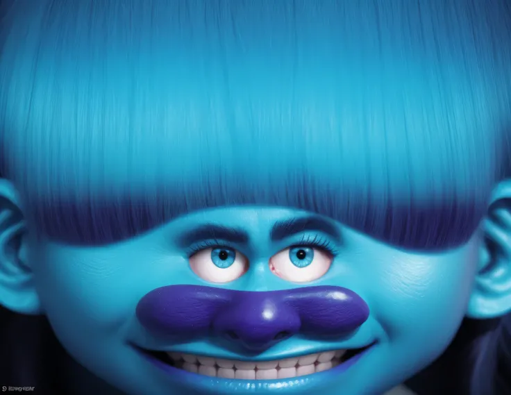 The photo shows a frame from a cartoon "Trolls". The blue troll character Branch is depicted with a sense of surprise.. На нем крупным планом изображен blue troll с двумя большими голубыми вьющимися глазами, raised up in surprise.. The troll has a blue fac...