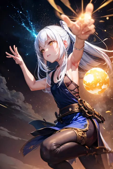 1 girl, antique tank top, long hair ,white hair, yellow eyes, magic circle, blue light, เปลวblue light, Wallpaper, terrain, blood, blood splatter, depth of field, at night, light particles, light rays, On the side of the road, thigh, luck (set), Genshin Im...