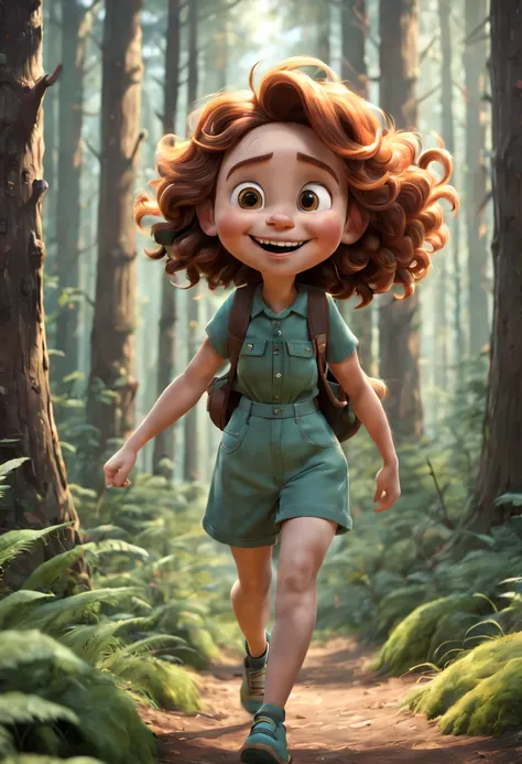 girl walking in the forest, 12k, pixar-style cartoon, wavy hairs, big smile, pixar, disney character