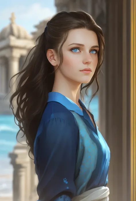 High resolution, brunette girl, 15 years old, bright blue eyes, pattern of stones on her face along the forehead to the temples, Brunette, temples slightly shaved, long black hair pulled back in a ponytail, temples slightly shaved, dressed in a silk shirt ...