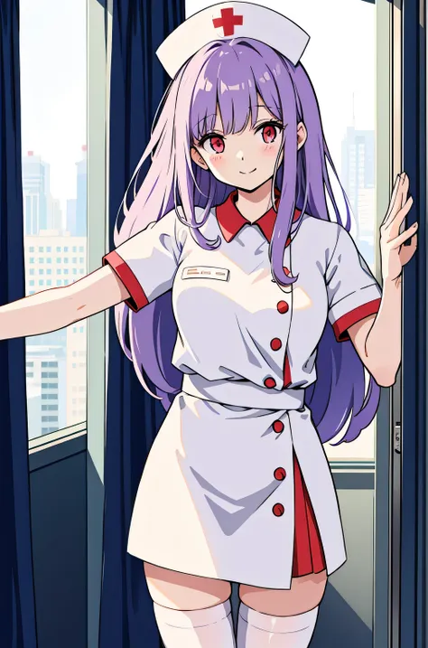 1 female, alone, nurse, nurse cap, Whiteware, ((white legwear, zettai ryouiki)), white gloves, long hair, purple hair, red eyes, pink lips, smile, Are standing, ((hospital room)), sharp outline, short sleeve, mature woman, 35 years old, highest quality, ma...