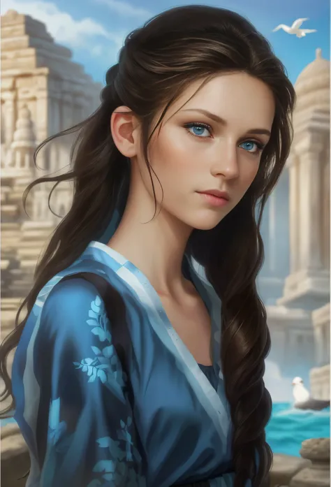 High resolution, brunette girl, 15 years old, bright blue eyes, pattern of stones on her face along the forehead to the temples, Brunette, temples slightly shaved, long black hair pulled back in a ponytail, temples slightly shaved, dressed in a silk shirt ...