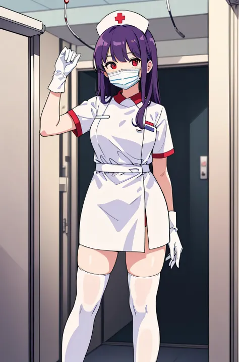 1 female, alone, nurse, nurse cap, whiteware, ((white legwear, zettai ryouiki)), white gloves, long hair, purple hair, red eyes,...