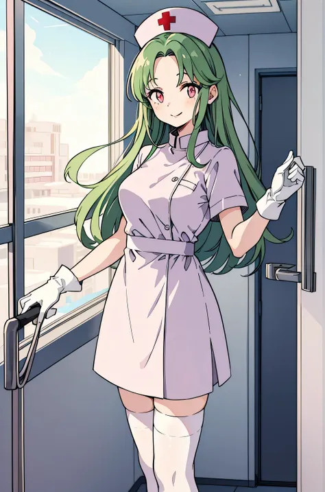 1 female, alone, nurse, nurse cap, Whiteware, ((white legwear, zettai ryouiki)), white gloves, amount, long hair, green hair, pink eyes, pink lips, smile, Are standing, ((hospital room)), sharp outline, short sleeve, mature woman, 35 years old, highest qua...