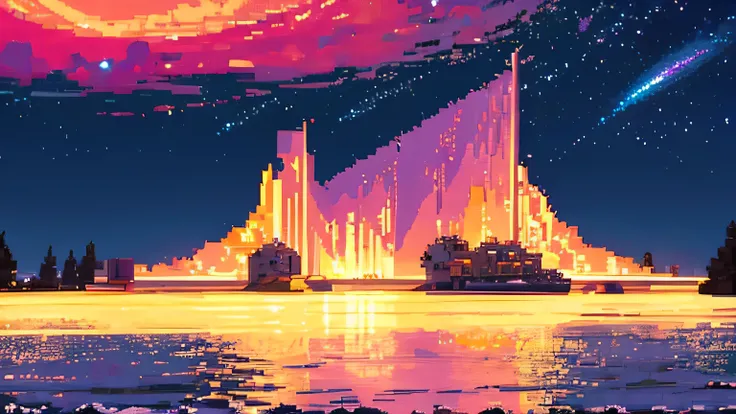 a beautiful starry sky in pixel art