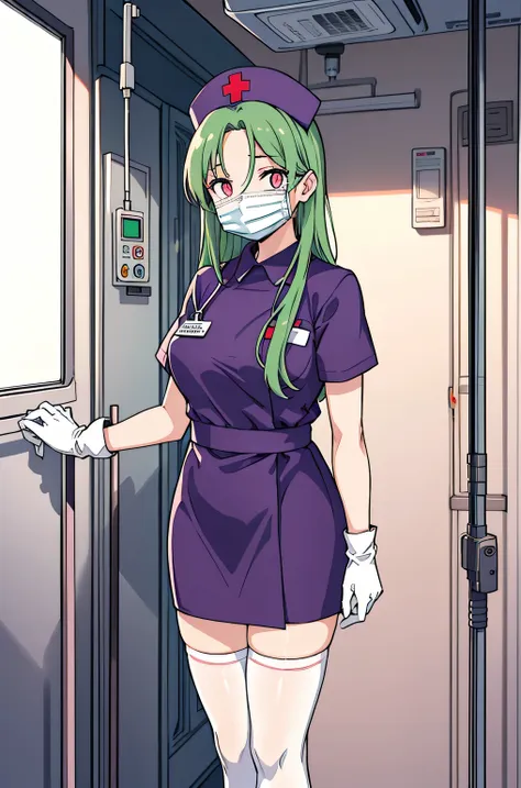 1 female, alone, nurse, nurse cap, whiteware, ((white legwear, zettai ryouiki)), white gloves, amount, long hair, green hair, pi...