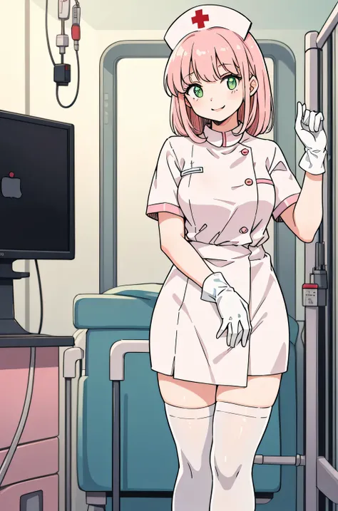 1 female, alone, nurse, nurse cap, whiteware, ((white legwear, zettai ryouiki)), white gloves, pink hair, green eyes, droopy eye...