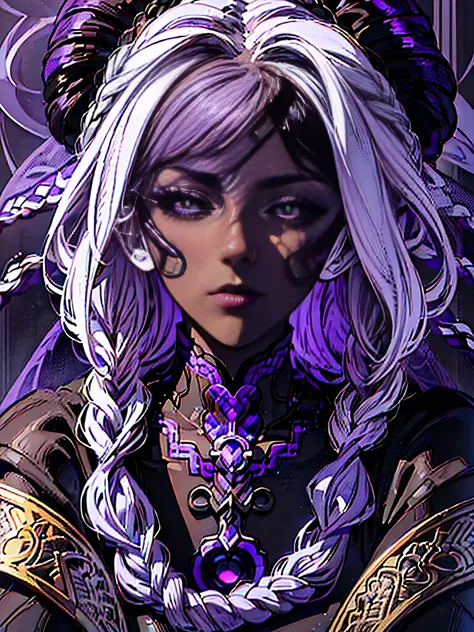 perfection, 4k resolution, masterpiece, epic fantasy digital art style, (((((very narrow eyes, purple pupils, white braided hair, Black Sclera))))), ((((((darkskin color)))))), perfection, intricate details, ((josei anime art style)), (((close up portrait,...