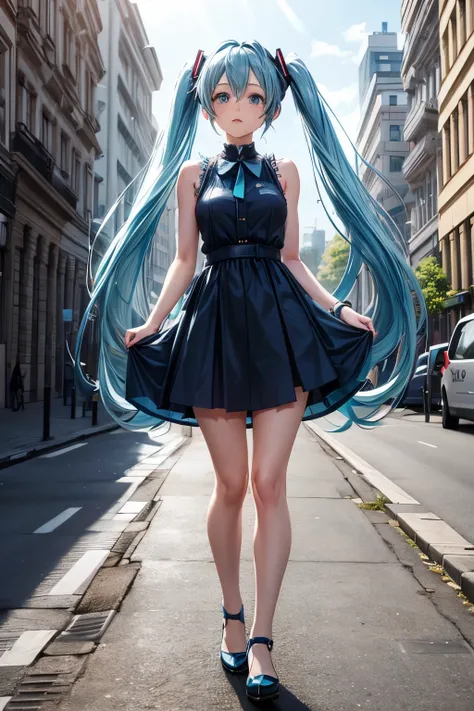 a girl, light blue hair, Hatsune Miku style hair, blue eyes, 20 years old, long navy blue dress, in berlin, modern city, accessories, sculptural body, best quality, masterpiece. 