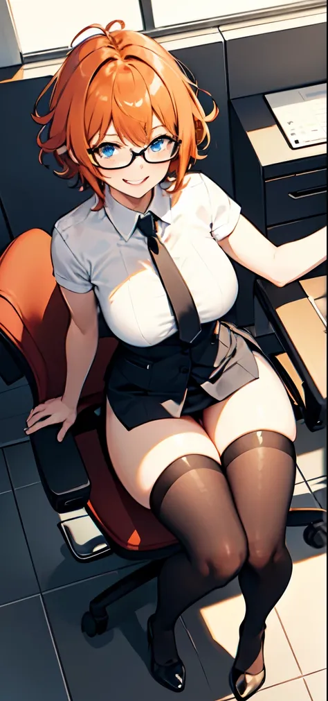 1girl, orange hair, messy hair, very messy hair, short hair, beautiful blue eyes, nerdy glasses, seductive smile, medium breasts, black thigh highs, secretary uniform, sleeveless, office room, sitting on chair, lady sitting position, full body, sexy, thigh...