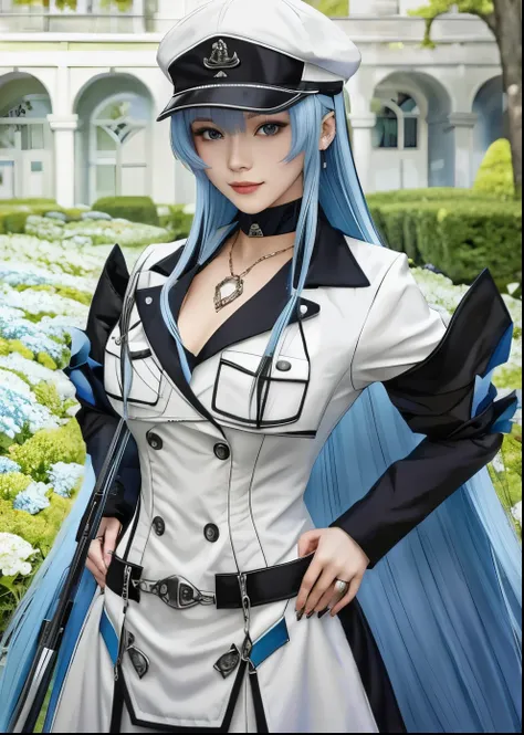 a beautiful anime woman with long blue hair, wearing a white jacket and hat