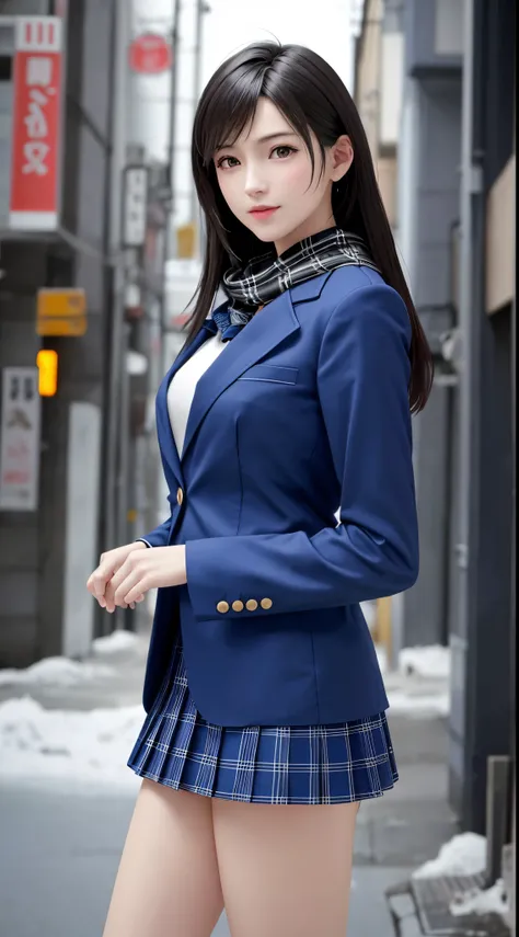 (top quality, masutepiece: 1.1), (Realistic: 1.3), (photoRealistic: 1.3),wallpapers, BREAK (((FF7,Tifa_lockhart))),(((big fluffy knet scarf))),(((Japan jk uniform,Navy Blue blazer,school shirt,long-sleeved,Navy Blue Plaid Pleated mini-Skirt,Dark blue short...