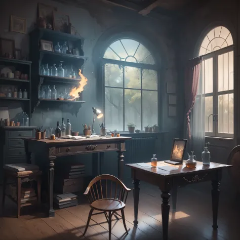 room with desk and chair, fantasy alchemist laboratory, magic laboratory setting, mysterious laboratory, steampunk laboratory, magic lab background, wizards laboratory, surreal sci fi set design, science fantasy painting, 8k high detail concept art, alchem...