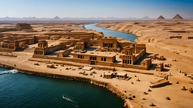 a Ancient Egyptian city on the banks of the Nile River, photorealistic, dramatic, cinematic, 4k resolution, hyperdetailed, dramatic scene,