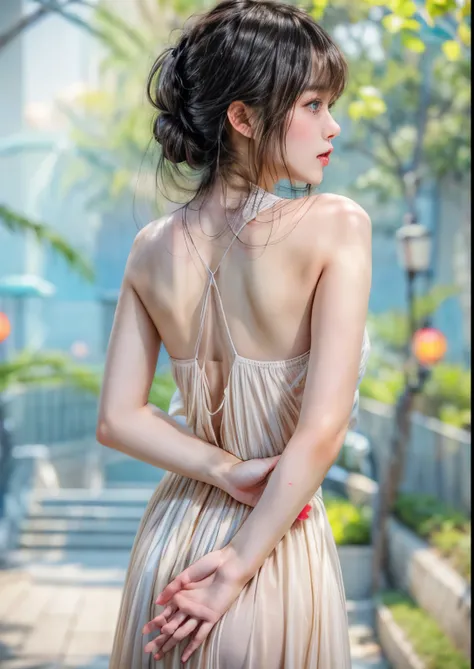 masterpiece、highest quality、cinema、(Detailed both eyes)、(cute japanese woman、bangs:1.3)、23 years old、1 girl、elegant、black hair、(auraroid photo:1.2)、backless dress