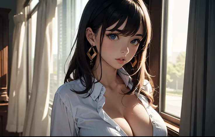 1girl, hair, breasts, cleavage, curtains, earrings, front-tie_top, jewelry, large_breasts, lips, looking_at_viewer, shirt, solo, tied_shirt, upper_body, shirt