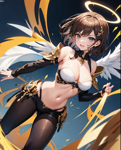 fantasy, 1angel_girl,, ,brown_hair, medium_bob_hair, long_bangs, halo,bare_shoulder,thighhighs,silver_armor, waist_armor, large_breasts,angry,grinning,open_mouth_teeth, 1pair_wings, dynamic_pose_fighting,floating, bare_crotch, headgear,gauntlet, greaves,ci...