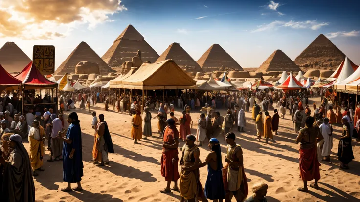 crowd at a fair in ancient egypt, dramatic, cinematic, 4k resolution, hyperdetailed, dramatic scene,